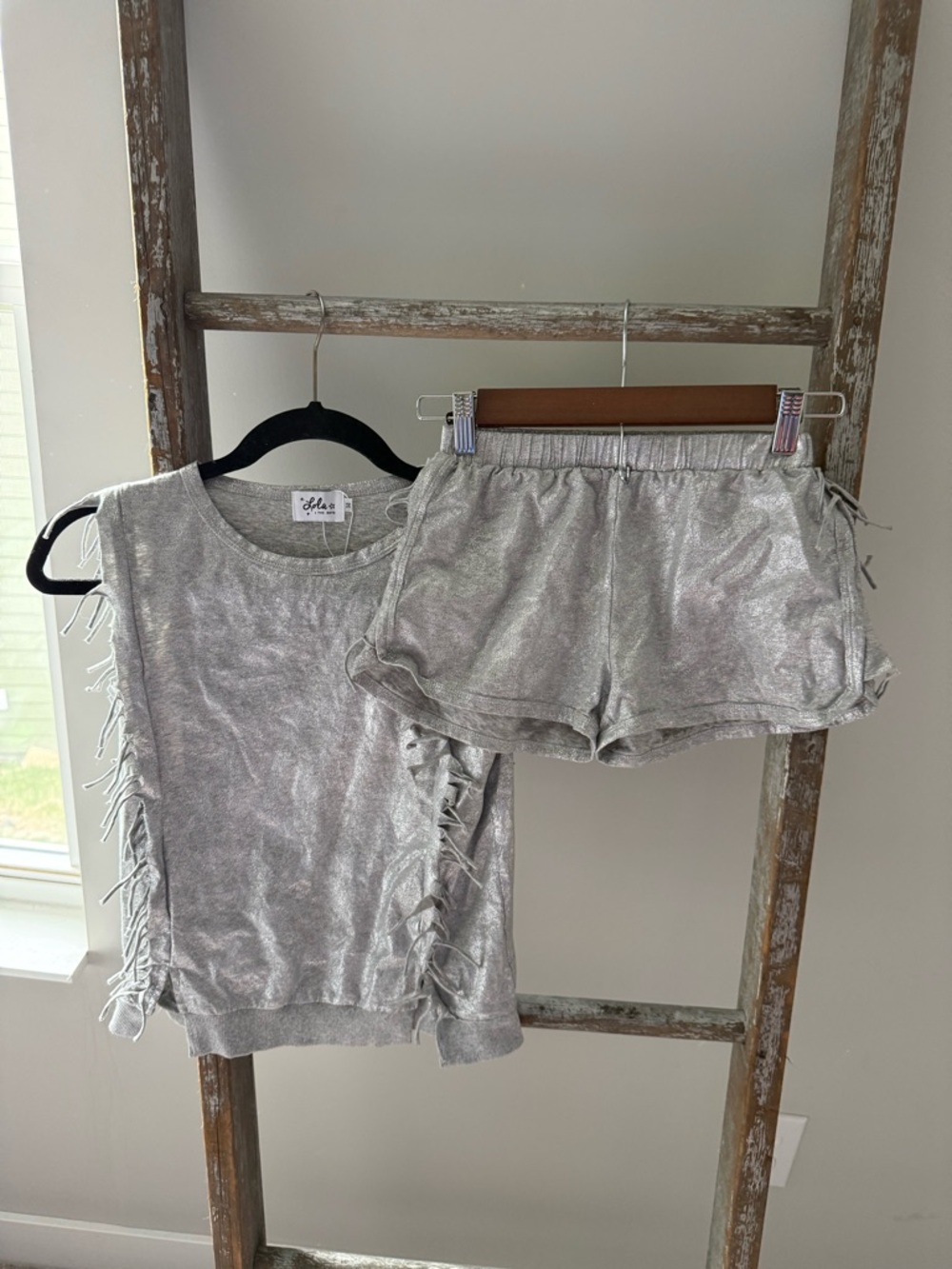 Lola & the boys Silver Metallic Fringe Tank and Shorts Set NWOT